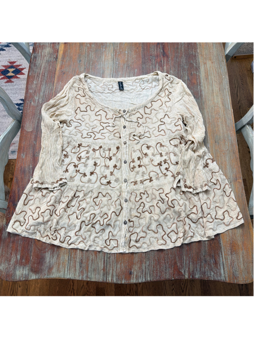 Sacred Threads Earthy Beige Brown Crinkle Embroidered Tiered Tunic Blouse L/XL